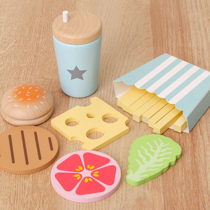 Wooden burger, French Fries, Drinks Pretend Kitchen Play Set