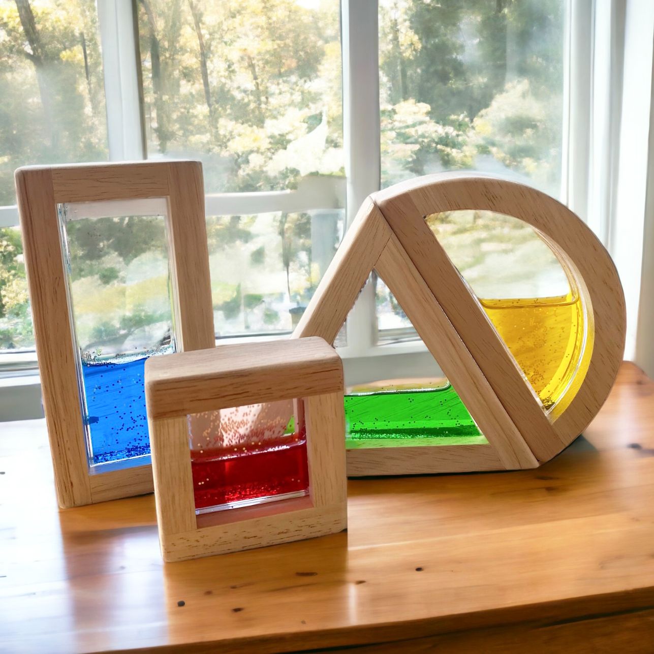 Wooden blocks cheap with coloured glass