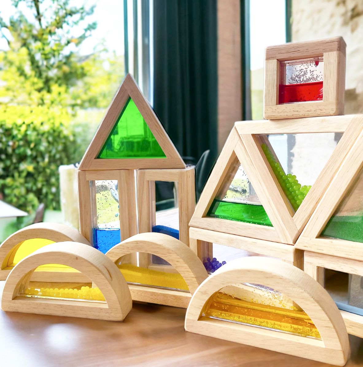 Wooden Rainbow Sensory Blocks with Colours, Sand, Liquid and Beads