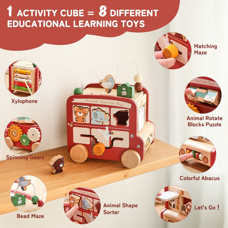 Montessori Inspired 8-in-1 Wooden Bus Multi Activity Toy