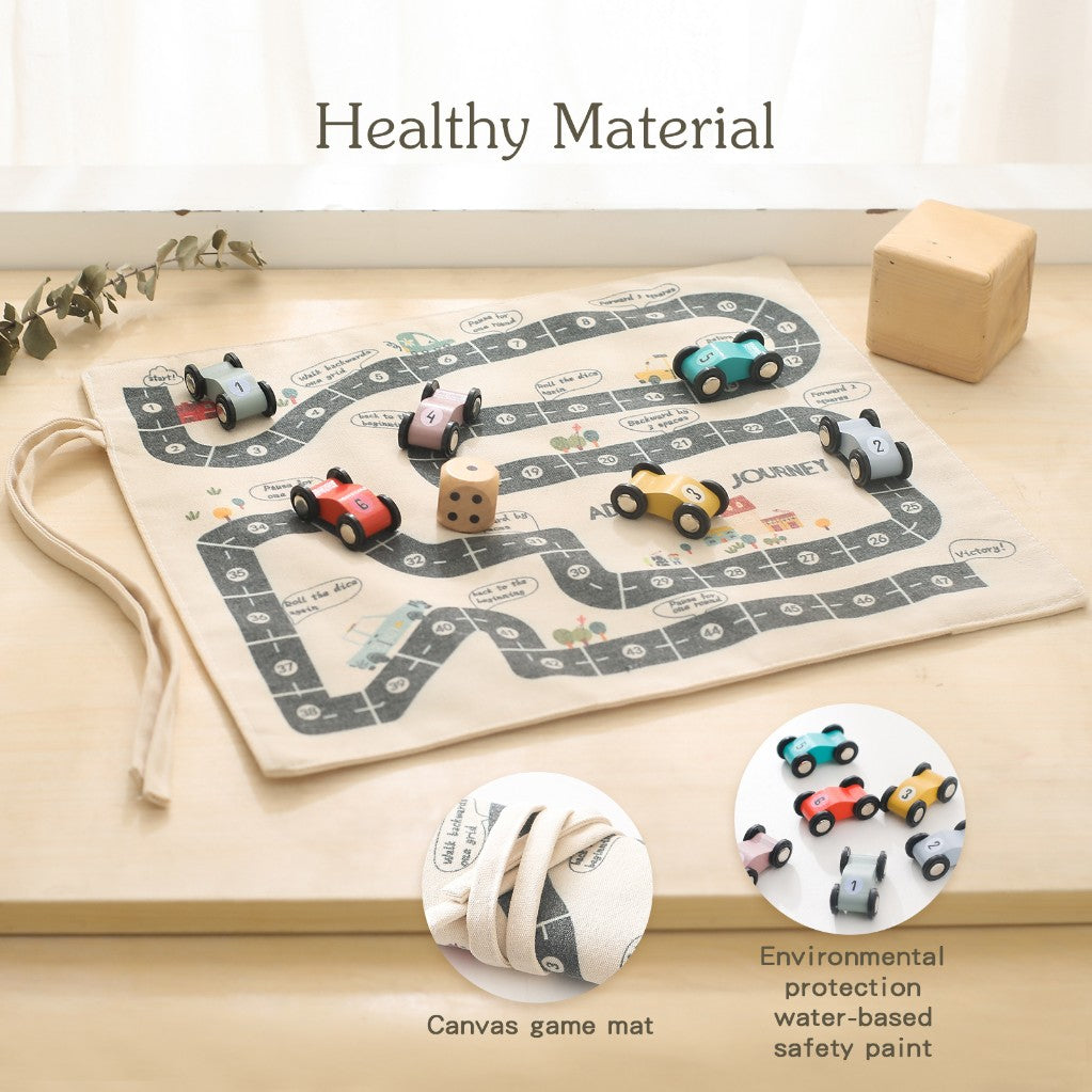 Wooden Travel on the Go Car Toy with Canvas Board Game Mat