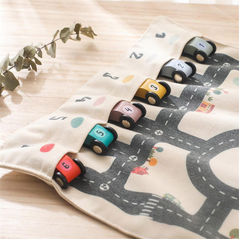 Wooden Travel on the Go Car Toy with Canvas Board Game Mat