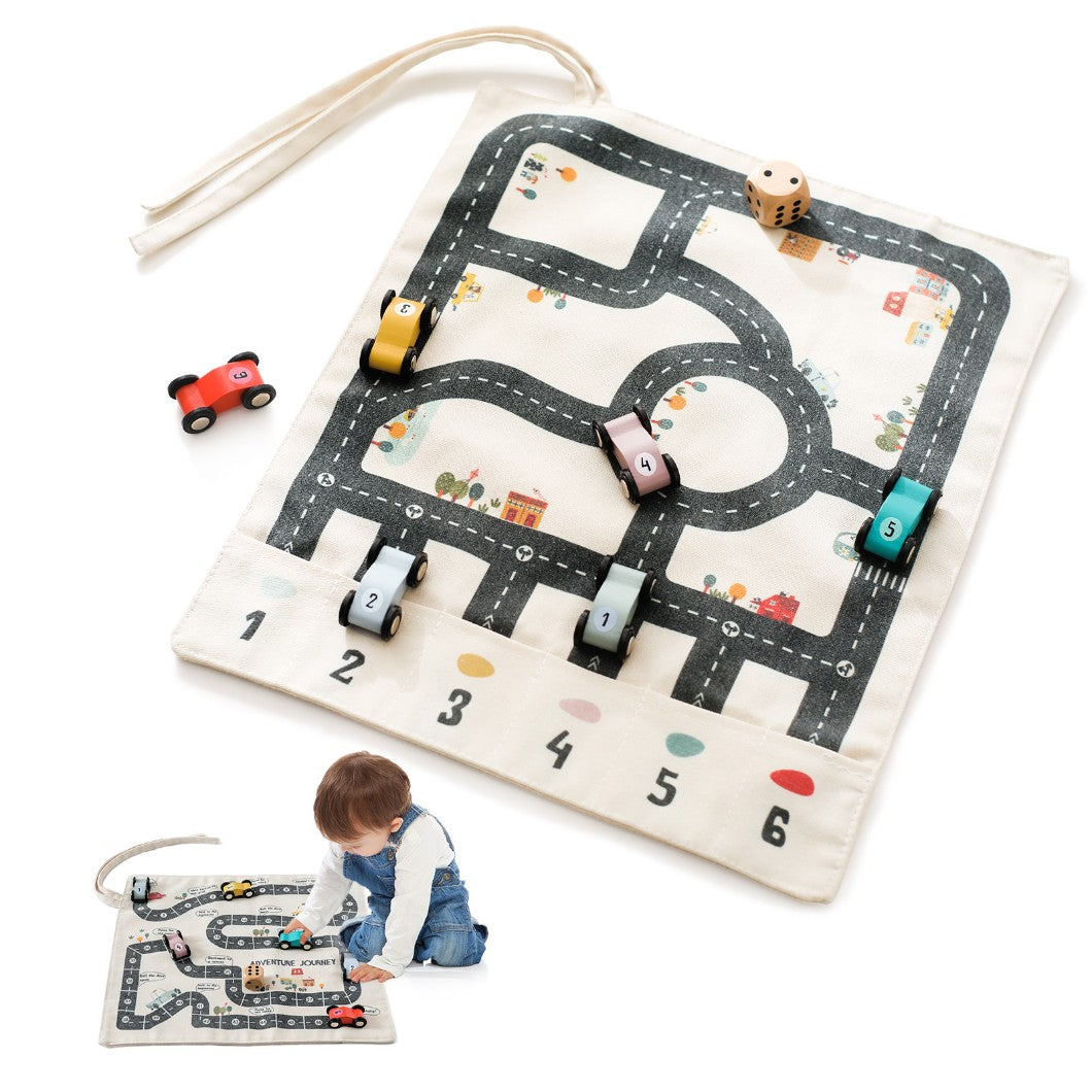 Wooden Travel on the Go Car Toy with Canvas Board Game Mat