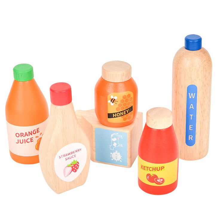 Wooden Kitchen Accessories: Milk, Olive Oil, Beverage, Condiments and Honey Pretend Play Toy Set