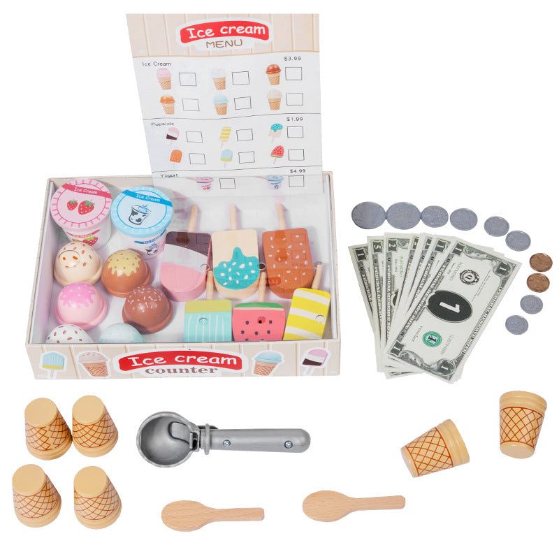 Wooden Ice Cream Counter Pretend Play Kitchen Toy Montessori