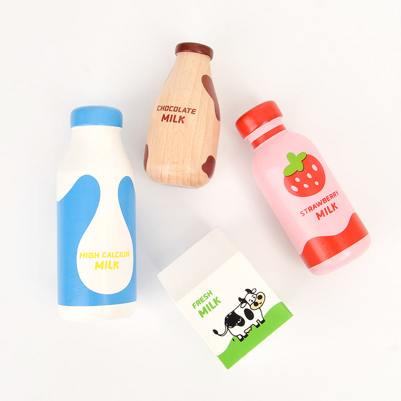 Wooden Kitchen Accessories: Milk, Olive Oil, and Honey Pretend Play Toy Set