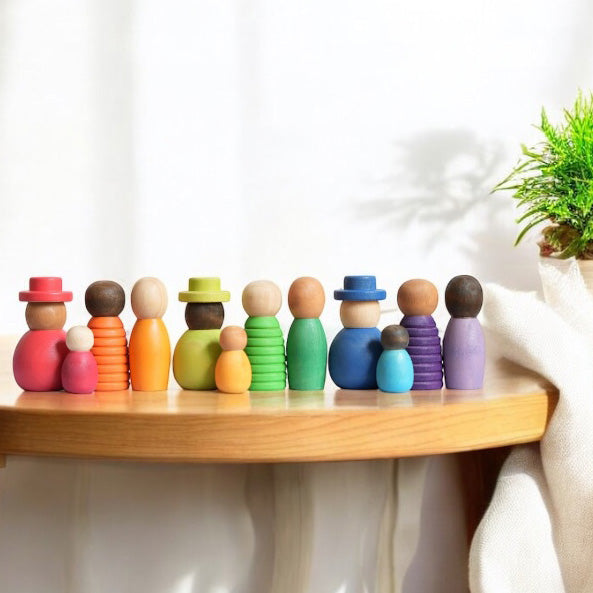 Montessori inspired Wooden colour sorting rings and mini figurines.  Early learning toy