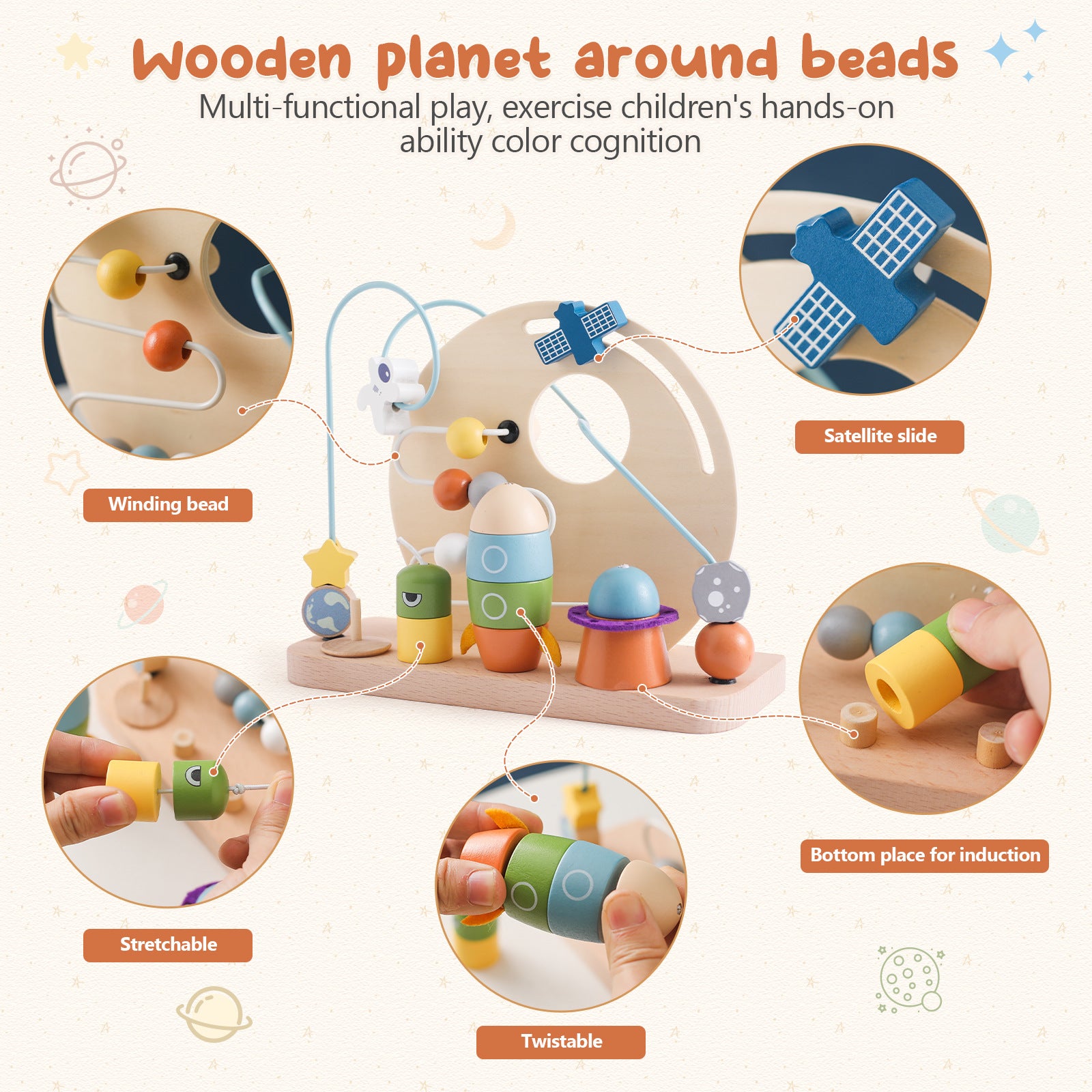Wooden Planet Round the Beads Montessori Inspired Educational Toy