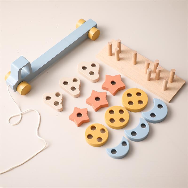 Wooden Shape Sorting Trailer Pull Along String. Fine Motor Skill Toy