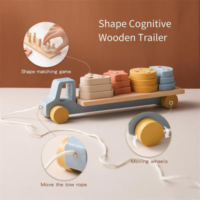 Wooden Shape Sorting Trailer Pull Along String. Fine Motor Skill Toy