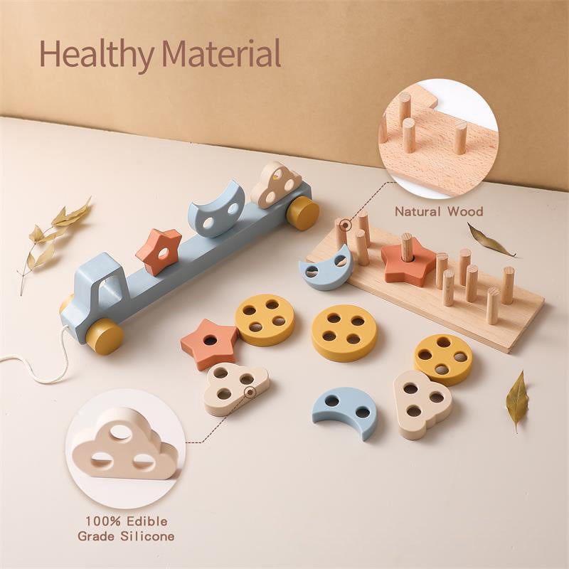 Wooden Shape Sorting Trailer Pull Along String. Fine Motor Skill Toy