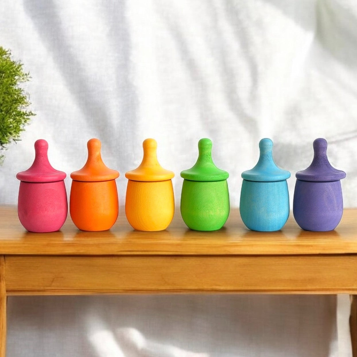 Wooden Spinning Top with Cup. Set of 6 different colours