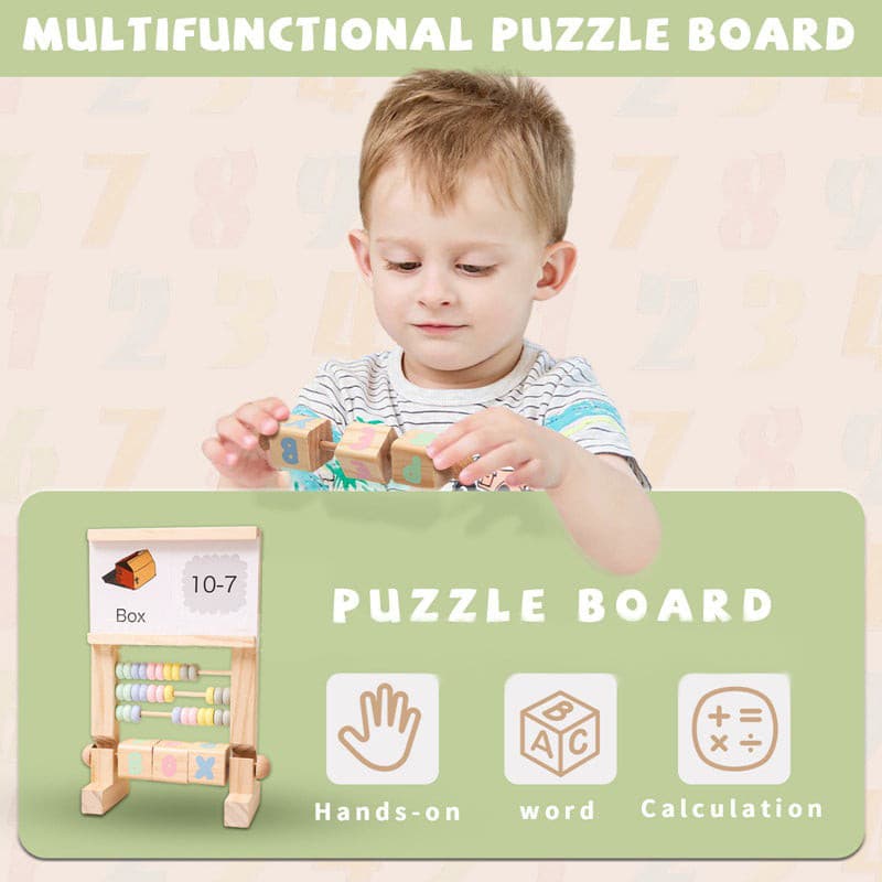 Multi functional Wooden Puzzle Board. Abacus + Rotating Letter Block. Montessori Educational Toy
